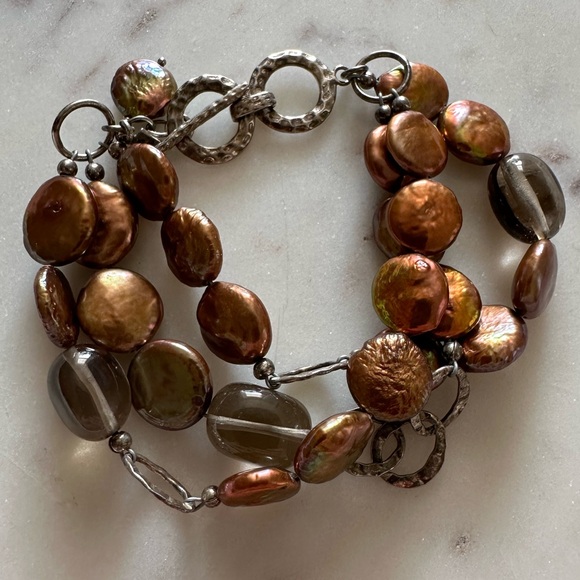 Silpada Sterling Silver Coin Copper Pearl & Smokey Quartz Beaded Bracelet - Picture 3 of 7